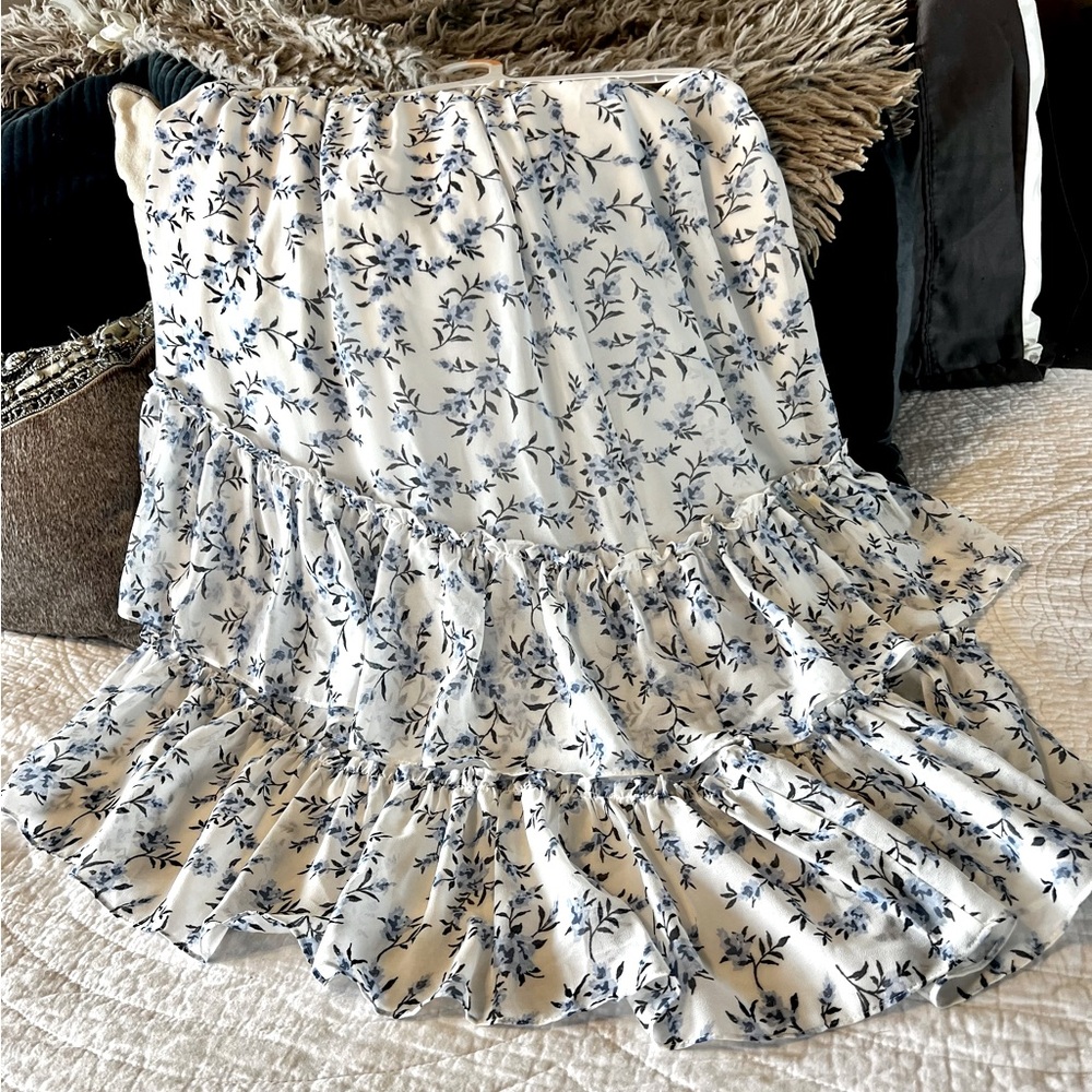 1. State Blue and White Bubble Midi Skirt with Ruffled Tiers